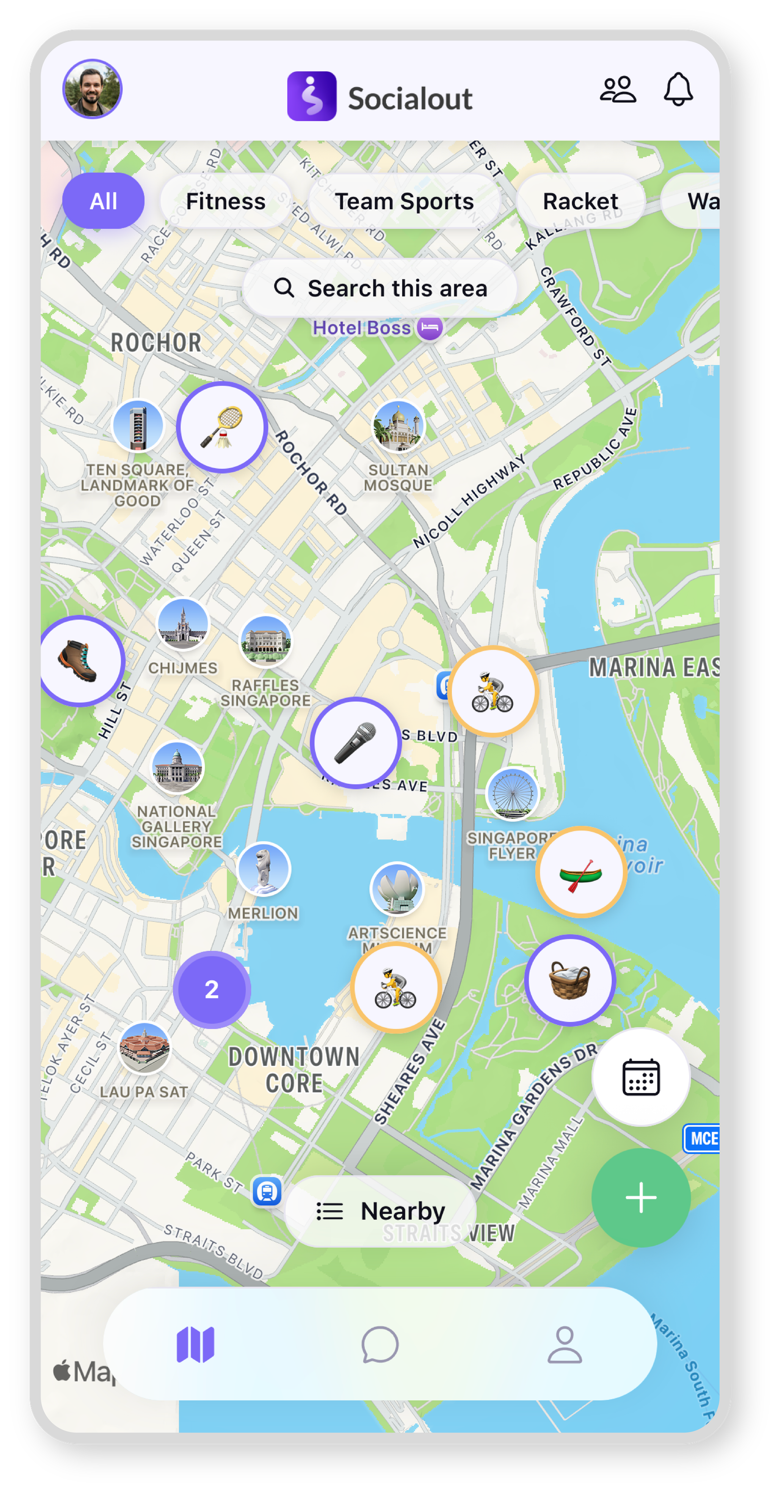 Socialout live map showing nearby activities